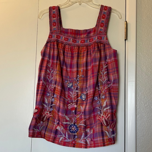 PRICE SLASHED! Johnny Was Piper Square Neck Floral Embroidered Plaid Tank Blouse - Picture 3 of 6